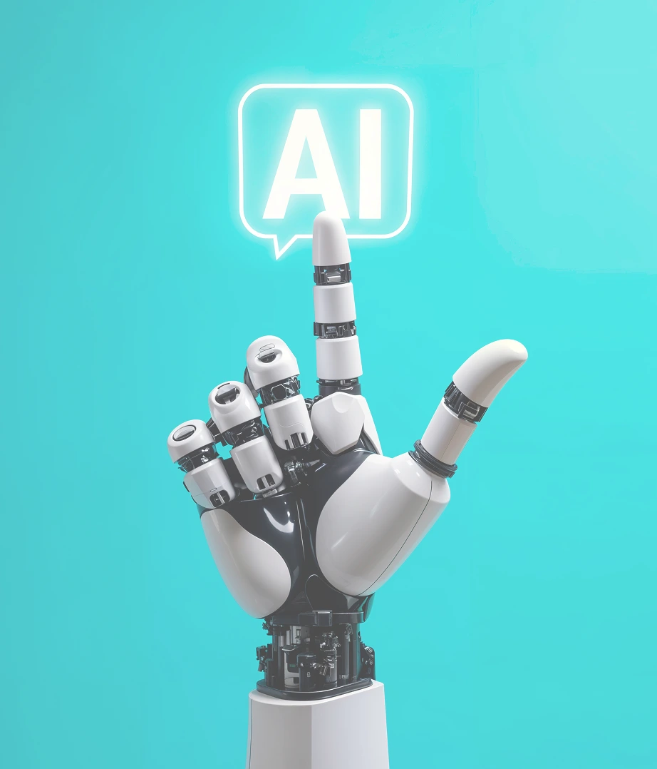 Robot hand holding AI sign