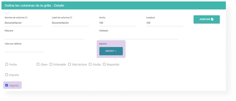 Configuración de columnas para adjuntos en grillas