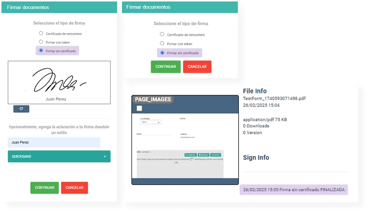 Interfaz de firma sin certificado