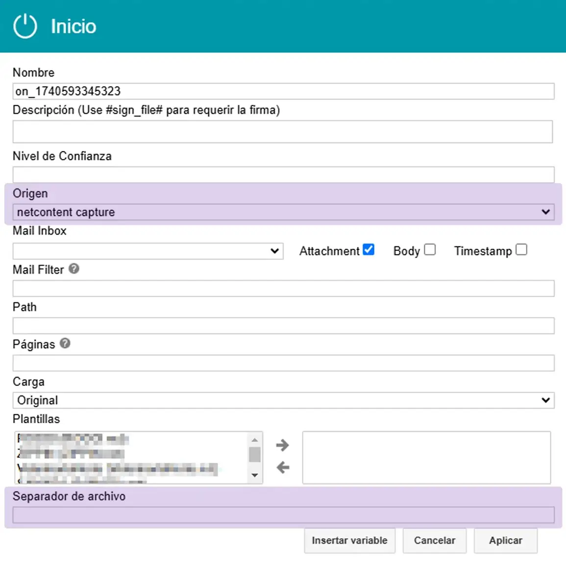 Interfaz de configuración de Split de Documentos