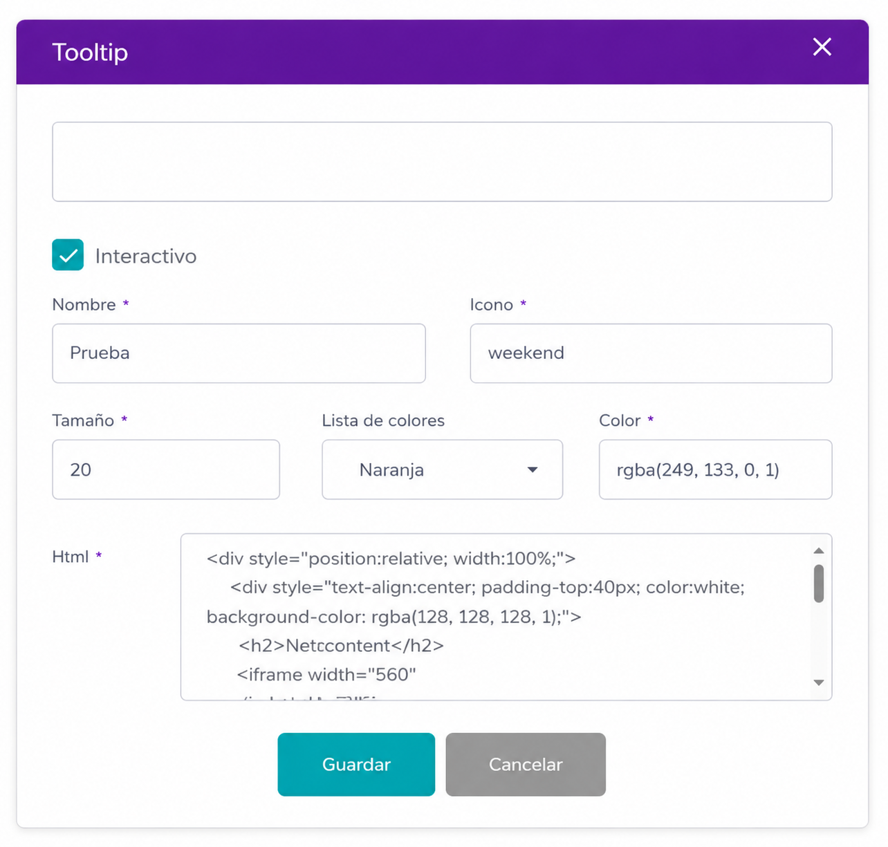 Configuracion de tooltip interactivo en Netcontent