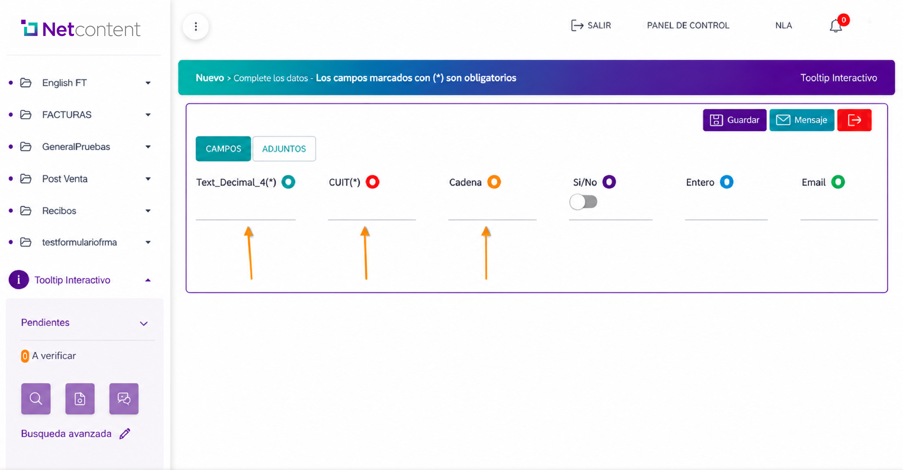 Tooltip interactivo aplicado en un formulario de Netcontent